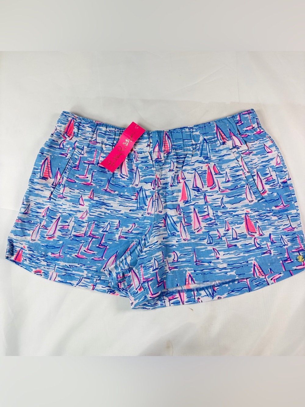 NWT Lilly Pulitzer Blue Boatylious Lilo Linen Sailboat Shorts Women's Size XL
